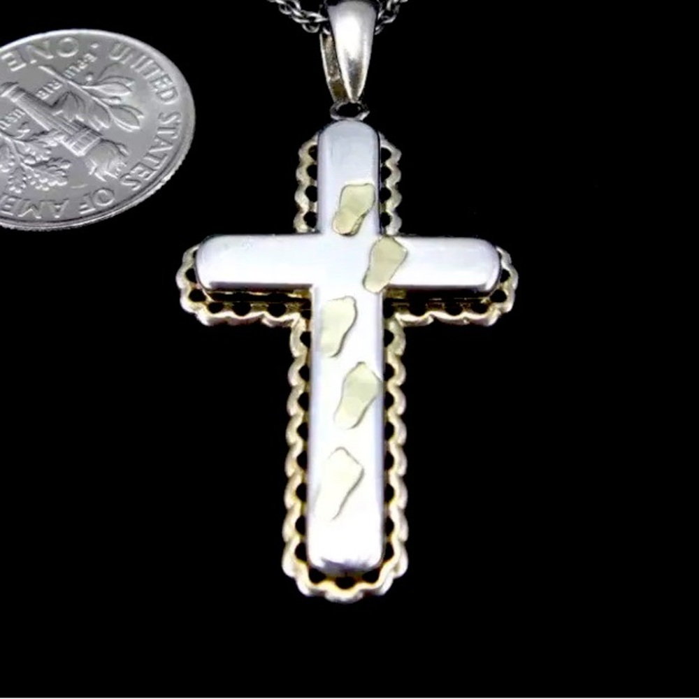 Jacmel Mauritius JCM Sterling Silver 925 Cross Pendant w 14K 585 Gold Footprints